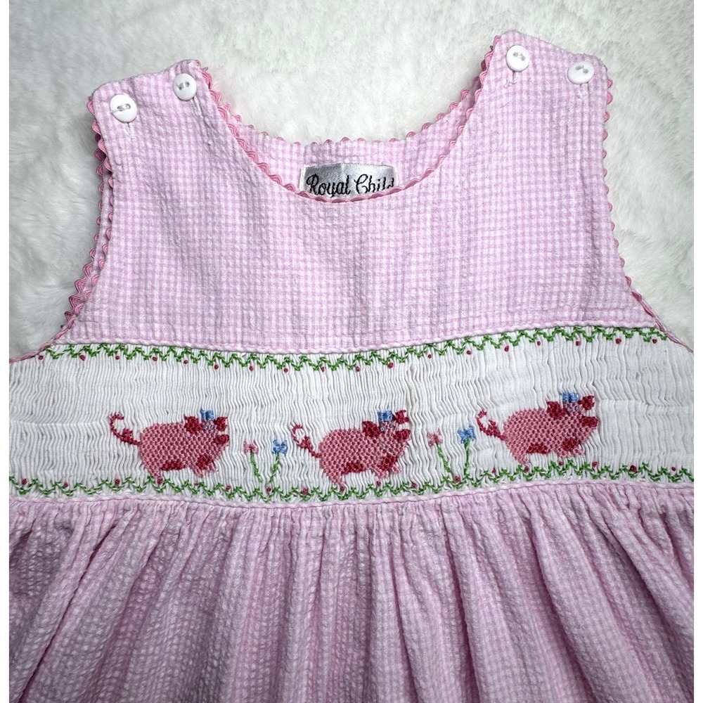 Vtg Royal Child Seersucker Pink Smocked Pigs Toddler Dress Size 2T